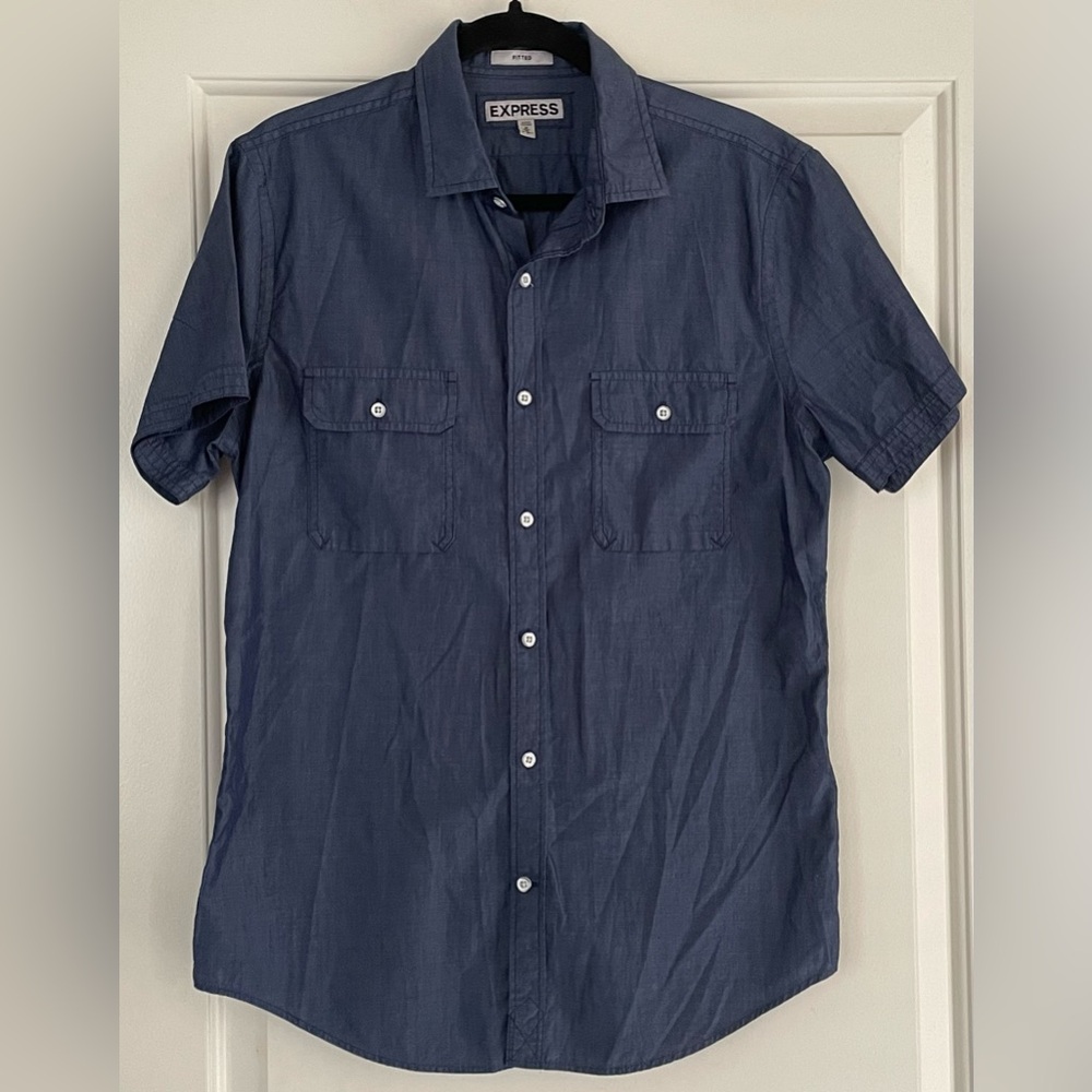 Express Dark Blue Casual Button-Down Fitted Men’s Shirt with Front Pockets